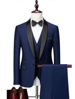 Men's Party Fall Wedding Suits Shawl Lapel Navy Blue Business Formal Solid Colored Standard Fit 3 Piece Single Breasted One-button