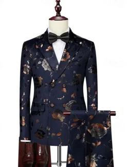 Men's Party Party Evening Wear Suits Shawl Lapel Black Dark Navy Party Luxury Printed Tailored Fit 2 Piece Single Breasted One-button