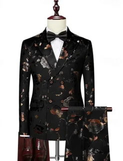 Men's Party Party Evening Wear Suits Shawl Lapel Black Dark Navy Party Luxury Printed Tailored Fit 2 Piece Single Breasted One-button