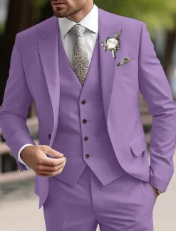 Men's Party Prom Suits Pink Purple Fashion Business Solid Colored Standard Fit 3 Piece Single Breasted Two-buttons