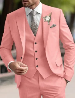 Men's Party Prom Suits Pink Purple Fashion Business Solid Colored Standard Fit 3 Piece Single Breasted Two-buttons