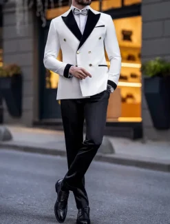 Men's Party Prom Suits White Luxury Formal Solid Colored Tailored Fit 2 Piece Double Breasted Six-buttons
