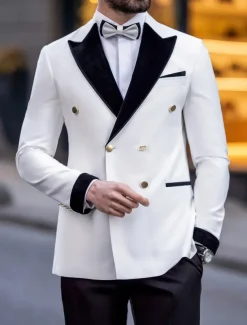 Men's Party Prom Suits White Luxury Formal Solid Colored Tailored Fit 2 Piece Double Breasted Six-buttons