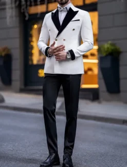 Men's Party Prom Suits White Luxury Formal Solid Colored Tailored Fit 2 Piece Double Breasted Six-buttons