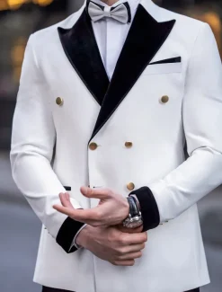 Men's Party Prom Suits White Luxury Formal Solid Colored Tailored Fit 2 Piece Double Breasted Six-buttons