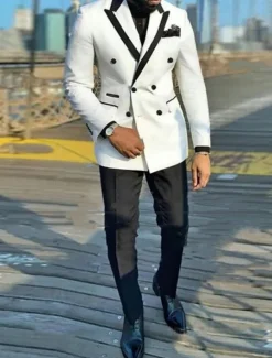 Men's Party Suits Peak Black Pink Solid Colored Tailored Fit 2 Piece Double Breasted Six-buttons