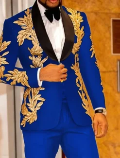 Men's Party Tuxedos Sparkle White Yellow Floral Print Standard Fit 2 Piece Single Breasted One-button