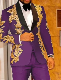 Men's Party Tuxedos Sparkle White Yellow Floral Print Standard Fit 2 Piece Single Breasted One-button