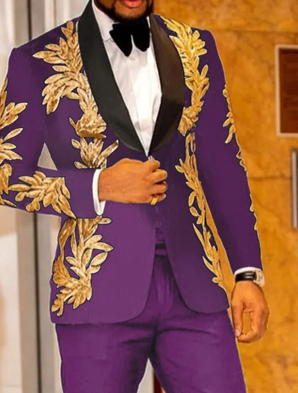 Men's Party Tuxedos Sparkle White Yellow Floral Print Standard Fit 2 Piece Single Breasted One-button