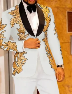 Men's Party Tuxedos Sparkle White Yellow Floral Print Standard Fit 2 Piece Single Breasted One-button