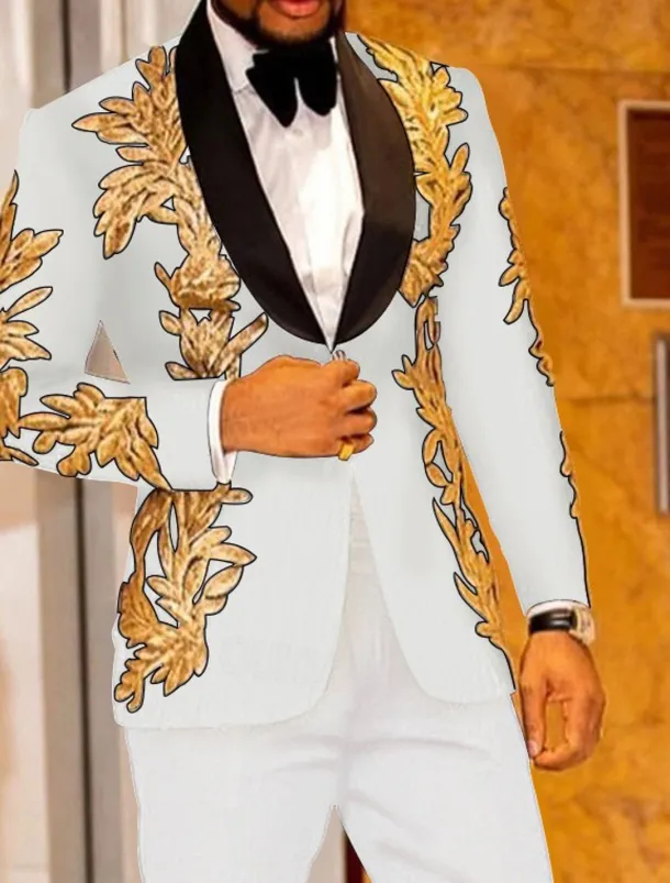 Men's Party Tuxedos Sparkle White Yellow Floral Print Standard Fit 2 Piece Single Breasted One-button