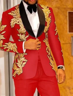 Men's Party Tuxedos Sparkle White Yellow Floral Print Standard Fit 2 Piece Single Breasted One-button