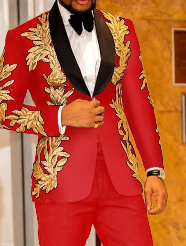 Men's Party Tuxedos Sparkle White Yellow Floral Print Standard Fit 2 Piece Single Breasted One-button