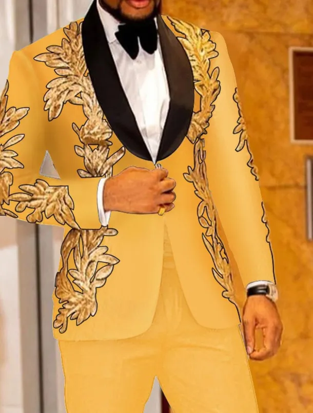 Men's Party Tuxedos Sparkle White Yellow Floral Print Standard Fit 2 Piece Single Breasted One-button