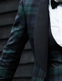 Men's Party Tuxedos Suits Business Green Plaid Slim Fit 3 Piece Single Breasted One-button