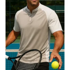 Men's Patchwork Tennis Top Short Sleeves Patchwork Quick Dry Breathable Tennis Golf Pickleball Zip Collar White Green Khaki Tennis Clothing