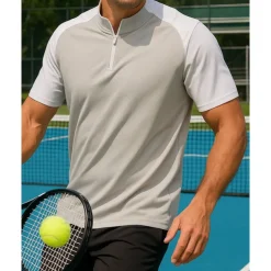 Men's Patchwork Tennis Top Short Sleeves Patchwork Quick Dry Breathable Tennis Golf Pickleball Zip Collar White Green Khaki Tennis Clothing