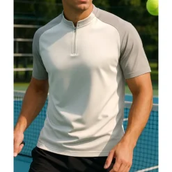 Men's Patchwork Tennis Top Short Sleeves Patchwork Quick Dry Breathable Tennis Golf Pickleball Zip Collar White Green Khaki Tennis Clothing