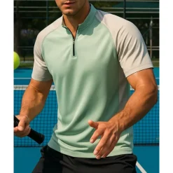 Men's Patchwork Tennis Top Short Sleeves Patchwork Quick Dry Breathable Tennis Golf Pickleball Zip Collar White Green Khaki Tennis Clothing