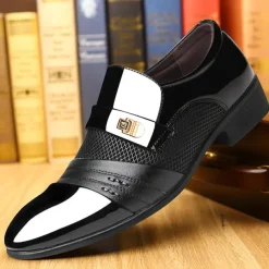 Men's Patent Faux Leather Dress Loafers – Formal Slip-On Shoes with Mesh Accents and Stylish Metal Buckle for Weddings and Business