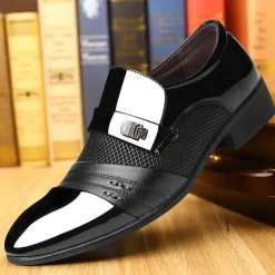 Men's Patent Faux Leather Dress Loafers – Formal Slip-On Shoes with Mesh Accents and Stylish Metal Buckle for Weddings and Business