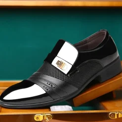 Men's Patent Faux Leather Dress Loafers – Formal Slip-On Shoes with Mesh Accents and Stylish Metal Buckle for Weddings and Business