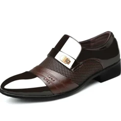 Men's Patent Faux Leather Dress Loafers – Formal Slip-On Shoes with Mesh Accents and Stylish Metal Buckle for Weddings and Business