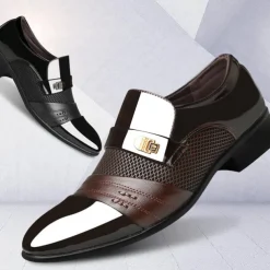 Men's Patent Faux Leather Dress Loafers – Formal Slip-On Shoes with Mesh Accents and Stylish Metal Buckle for Weddings and Business
