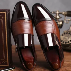 Men's Patent Faux Leather Business Dress Shoes with Zipper Detail and Glossy Finish