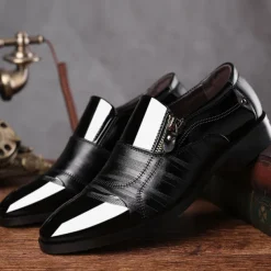 Men's Patent Faux Leather Business Dress Shoes with Zipper Detail and Glossy Finish