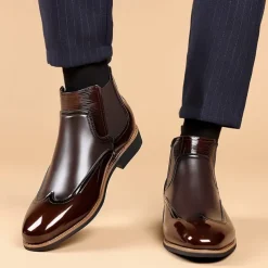 Men's Patent Faux Leather Chelsea Boots – Classic Wingtip Brogue Design for Formal and Casual Occasions