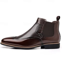 Men's Patent Faux Leather Chelsea Boots – Classic Wingtip Brogue Design for Formal and Casual Occasions