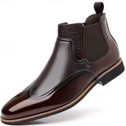 Men's Patent Faux Leather Chelsea Boots – Classic Wingtip Brogue Design for Formal and Casual Occasions