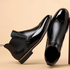 Men's Patent Faux Leather Chelsea Boots – Classic Wingtip Brogue Design for Formal and Casual Occasions