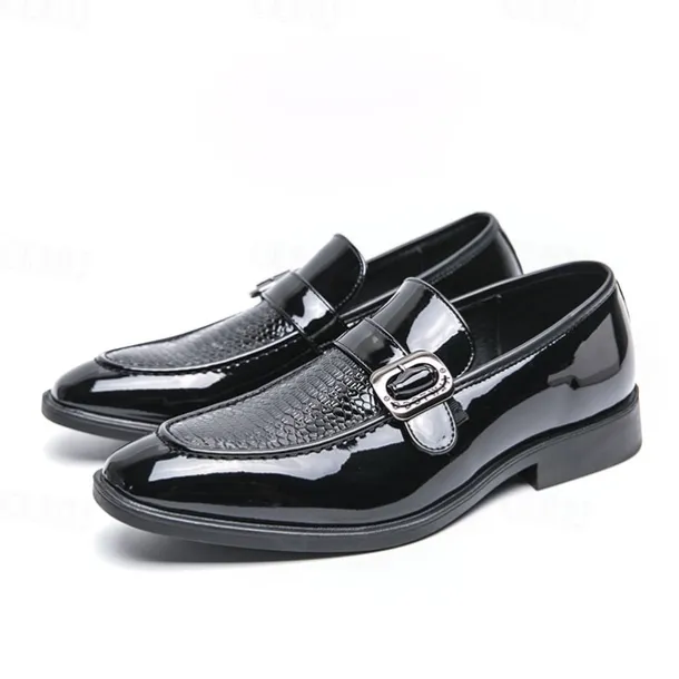 Men's Patent Leather Burgundy Loafers with Crocodile Texture and Buckle Detail – Elegant Slip-On Shoes for Formal Occasions and Business Wear