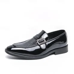 Men's Patent Leather Burgundy Loafers with Crocodile Texture and Buckle Detail – Elegant Slip-On Shoes for Formal Occasions and Business Wear