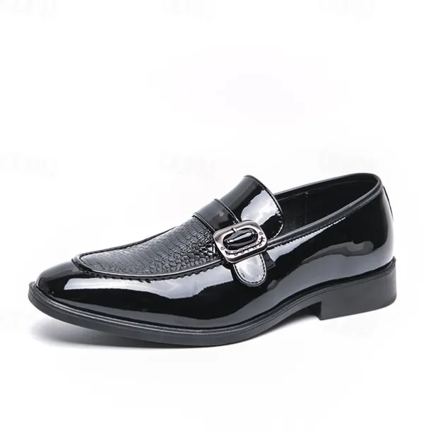 Men's Patent Leather Burgundy Loafers with Crocodile Texture and Buckle Detail – Elegant Slip-On Shoes for Formal Occasions and Business Wear