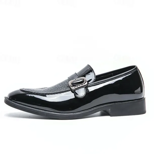 Men's Patent Leather Burgundy Loafers with Crocodile Texture and Buckle Detail – Elegant Slip-On Shoes for Formal Occasions and Business Wear