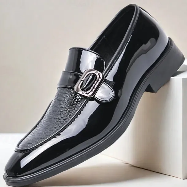 Men's Patent Leather Burgundy Loafers with Crocodile Texture and Buckle Detail – Elegant Slip-On Shoes for Formal Occasions and Business Wear