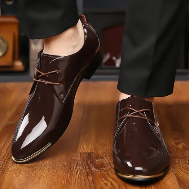 Men's Patent Leather Oxford Shoes - Sleek Lace-Up Formal Dress Shoes with Textured Design for Business and Special Occasions