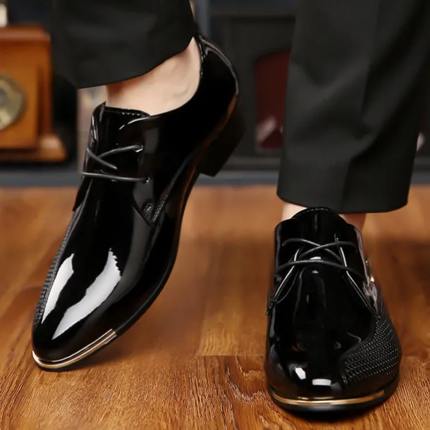 Men's Patent Leather Oxford Shoes - Sleek Lace-Up Formal Dress Shoes with Textured Design for Business and Special Occasions