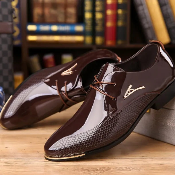 Men's Patent Leather Oxford Shoes - Sleek Lace-Up Formal Dress Shoes with Textured Design for Business and Special Occasions