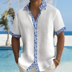 Men's Pattern Beach Shirt Button Up Shirt Short Sleeve Hawaiian Casual Vacation Daily Summer Spring Turndown Collared Shirts Button Up 3D Print White