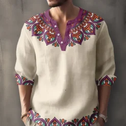 Men's Pattern Ethnic Shirt Button Up Shirt Long Sleeve Casual Tribal Daily Holiday Summer Spring Fall Stand Collar Print Beige