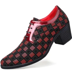Men's Patterned Lace-Up Block Heel Dress Shoes – Blue and Black Geometric Design for Christmas Party, Formal, and Dance Events
