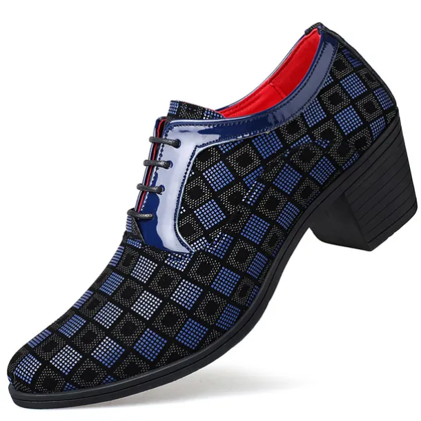 Men's Patterned Lace-Up Block Heel Dress Shoes – Blue and Black Geometric Design for Christmas Party, Formal, and Dance Events