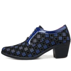 Men's Patterned Lace-Up Block Heel Dress Shoes – Blue and Black Geometric Design for Christmas Party, Formal, and Dance Events
