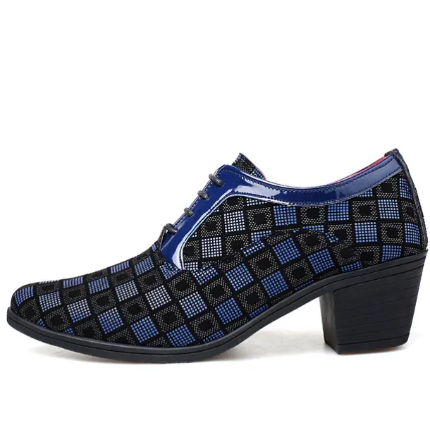 Men's Patterned Lace-Up Block Heel Dress Shoes – Blue and Black Geometric Design for Christmas Party, Formal, and Dance Events