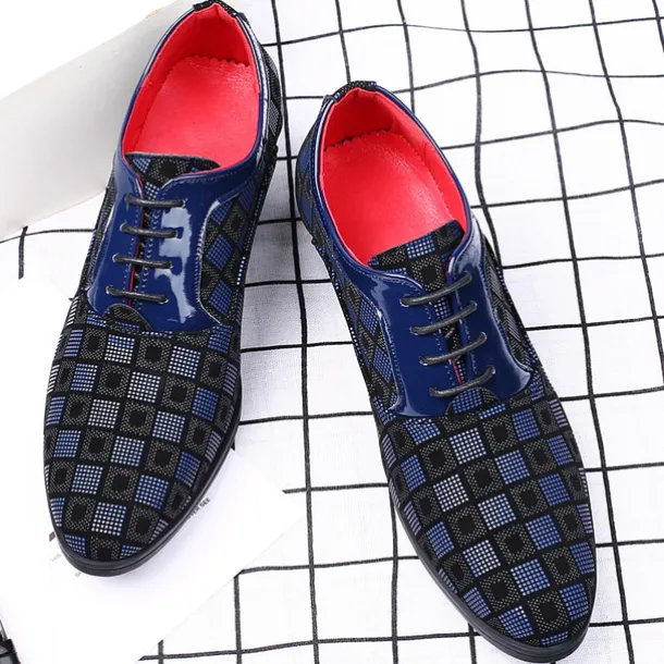 Men's Patterned Lace-Up Block Heel Dress Shoes – Blue and Black Geometric Design for Christmas Party, Formal, and Dance Events