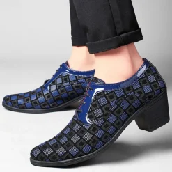 Men's Patterned Lace-Up Block Heel Dress Shoes – Blue and Black Geometric Design for Christmas Party, Formal, and Dance Events